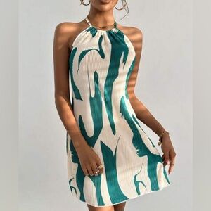 SHEIN Teal and White Halter Mini Dress